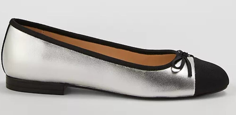NWOB Ann Taylor Cap Toe Silver Metallic Ballet Flat Black 8.5